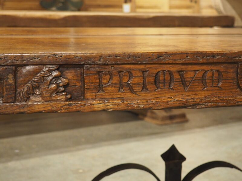 Unusual Antique French Oak and Iron Chateau Dining Table, "Priovq Vivere" - Image 16