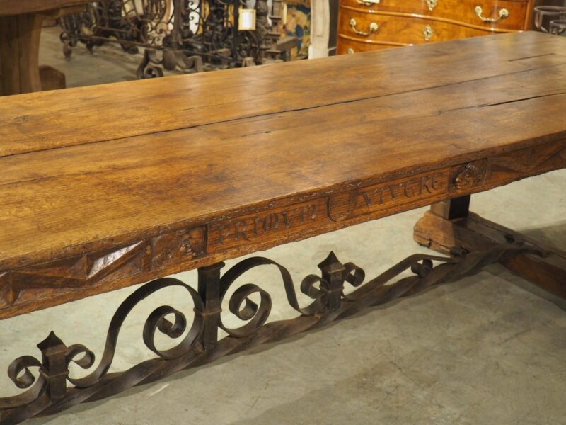 Unusual Antique French Oak and Iron Chateau Dining Table, "Priovq Vivere" - Image 20