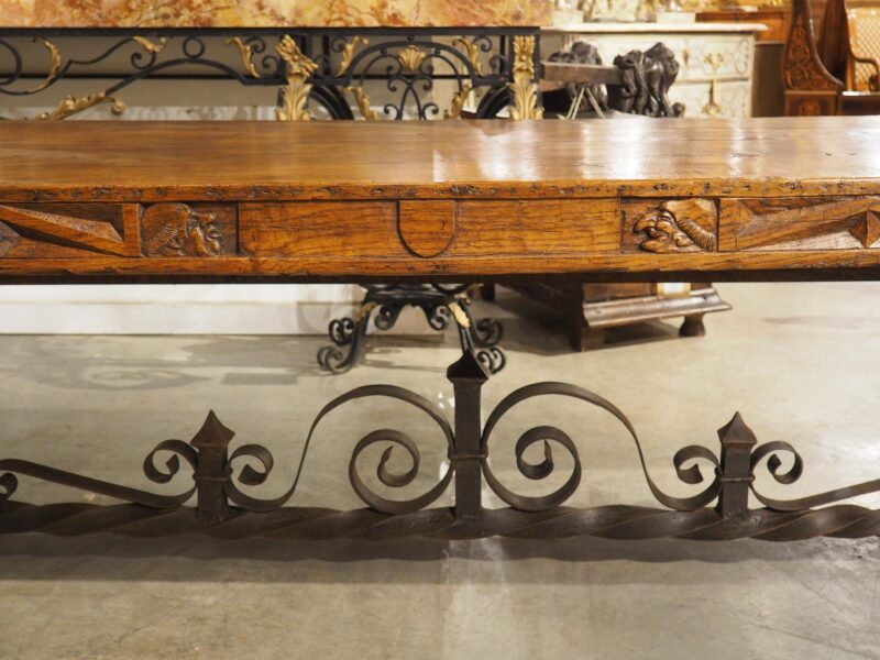 Unusual Antique French Oak and Iron Chateau Dining Table, "Priovq Vivere" - Image 3