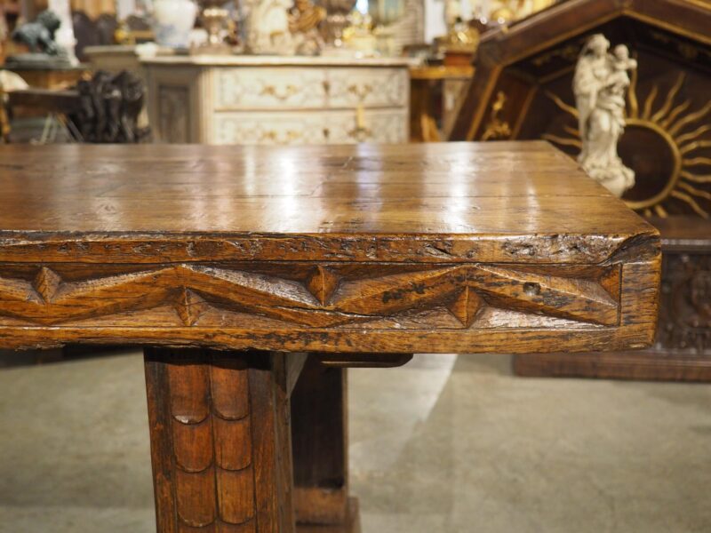 Unusual Antique French Oak and Iron Chateau Dining Table, "Priovq Vivere" - Image 4