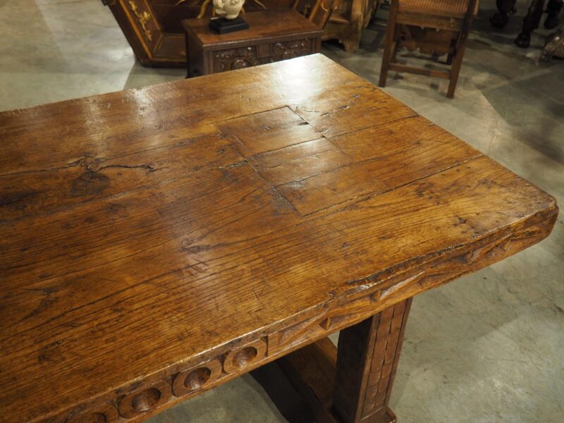 Unusual Antique French Oak and Iron Chateau Dining Table, "Priovq Vivere" - Image 5