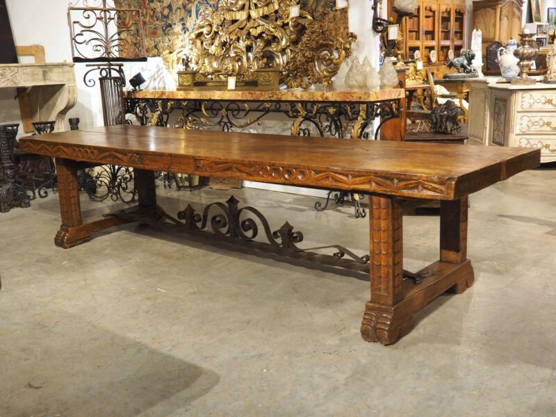 Unusual Antique French Oak and Iron Chateau Dining Table, "Priovq Vivere"