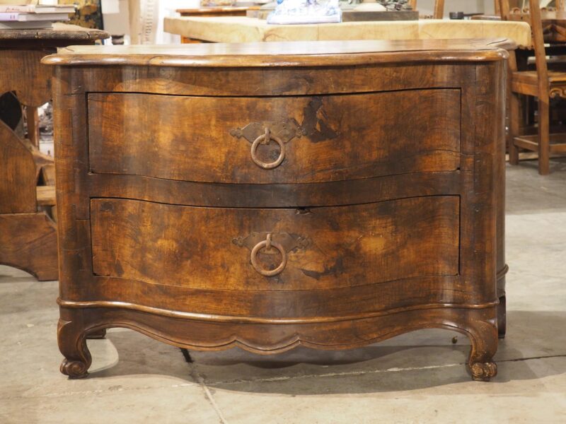 Unusual Antique French Walnut 2-Drawer Commode with Iron Pulls, 19th Century