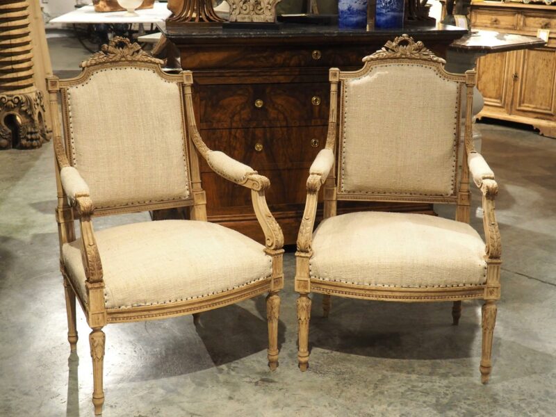 Pair of Bleached Antique Louis XVI Style Fauteuil Armchairs, Circa 1890