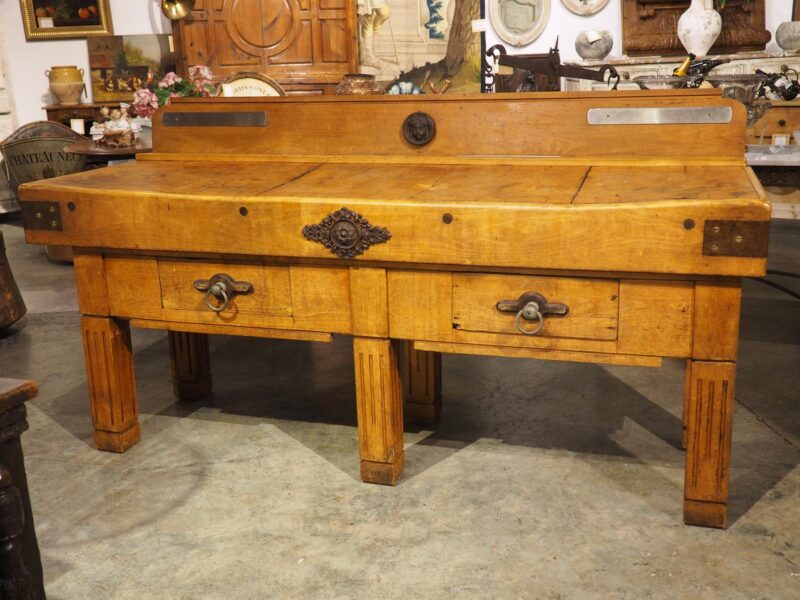 Antique French Double Butcher Block Table with Iron Mounts, Circa 1920s