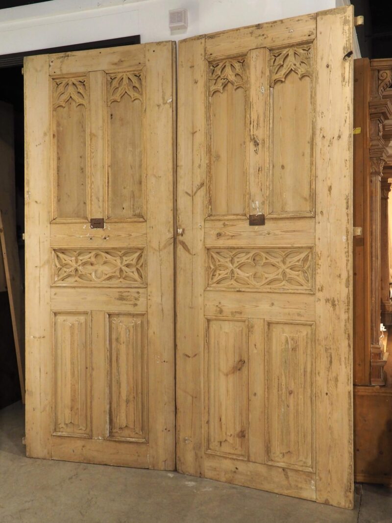 Pair of Large 19th Century French Gothic Style Doors in Carved Pine