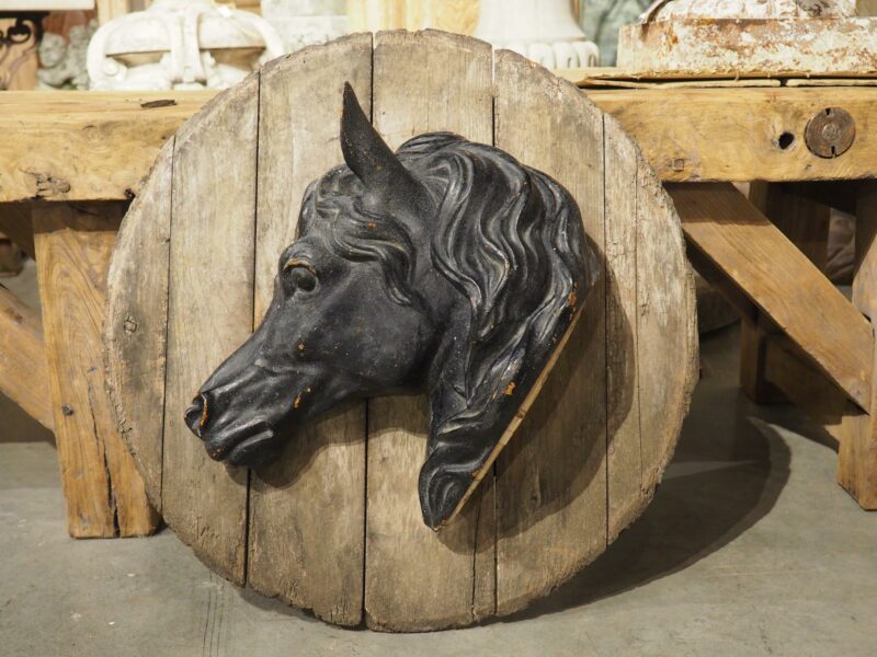 Antique Mounted and Painted Cast Iron Horse Head from a French Stable, C. 1880s