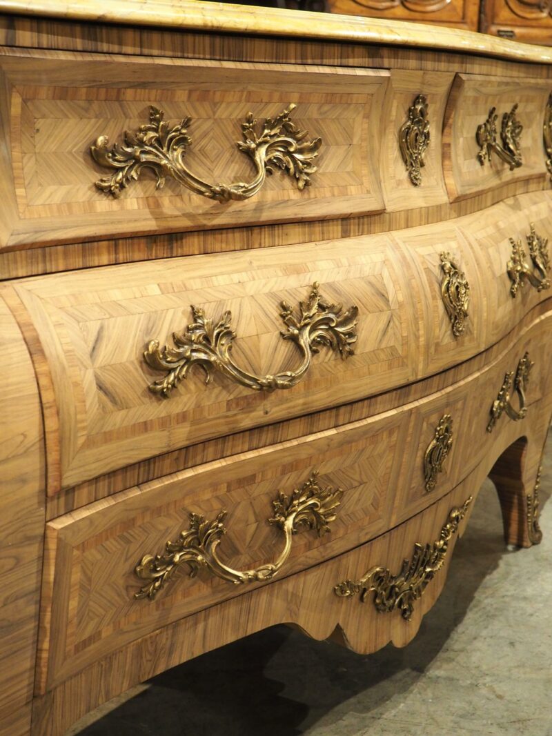 French Louis XV Style Bleached Marquetry Commode with Marble Top, Circa 1920s - Image 4