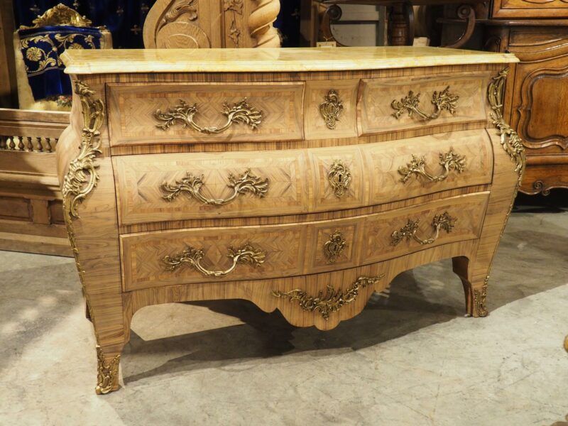 French Louis XV Style Bleached Marquetry Commode with Marble Top, Circa 1920s