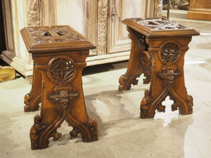 Fantastic Pair of French Gothic Style Carved Walnut Tabourets, Paris, Circa 1895 - Image 19