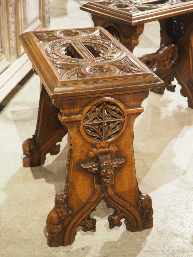 Fantastic Pair of French Gothic Style Carved Walnut Tabourets, Paris, Circa 1895 - Image 2