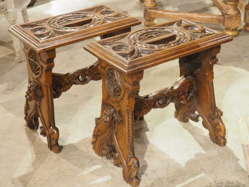 Fantastic Pair of French Gothic Style Carved Walnut Tabourets, Paris, Circa 1895 - Image 20