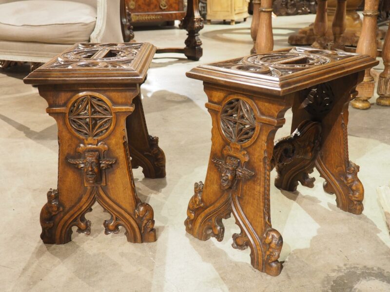 Fantastic Pair of French Gothic Style Carved Walnut Tabourets, Paris, Circa 1895