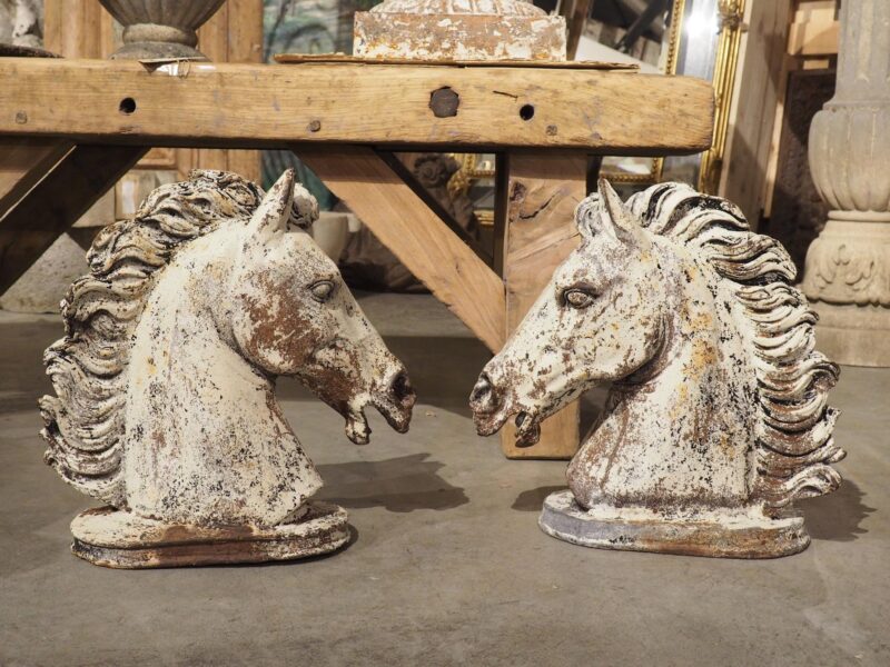 Pair of Painted French Cast Iron Horse Head Fountain Elements, Circa 1940s