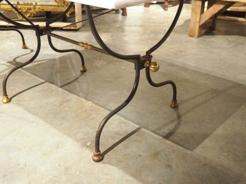 Polished French Wrought Iron and Brass Table with Carrara Marble Top, Circa 1950 - Image 2