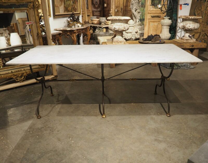 Polished French Wrought Iron and Brass Table with Carrara Marble Top, Circa 1950 - Image 13