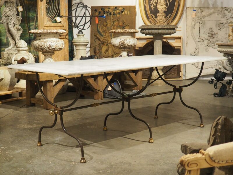 Polished French Wrought Iron and Brass Table with Carrara Marble Top, Circa 1950 - Image 19