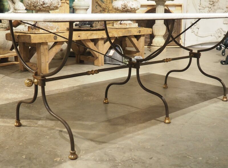 Polished French Wrought Iron and Brass Table with Carrara Marble Top, Circa 1950 - Image 3