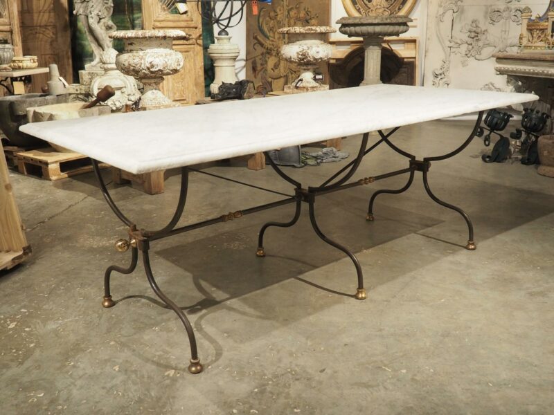 Polished French Wrought Iron and Brass Table with Carrara Marble Top, Circa 1950