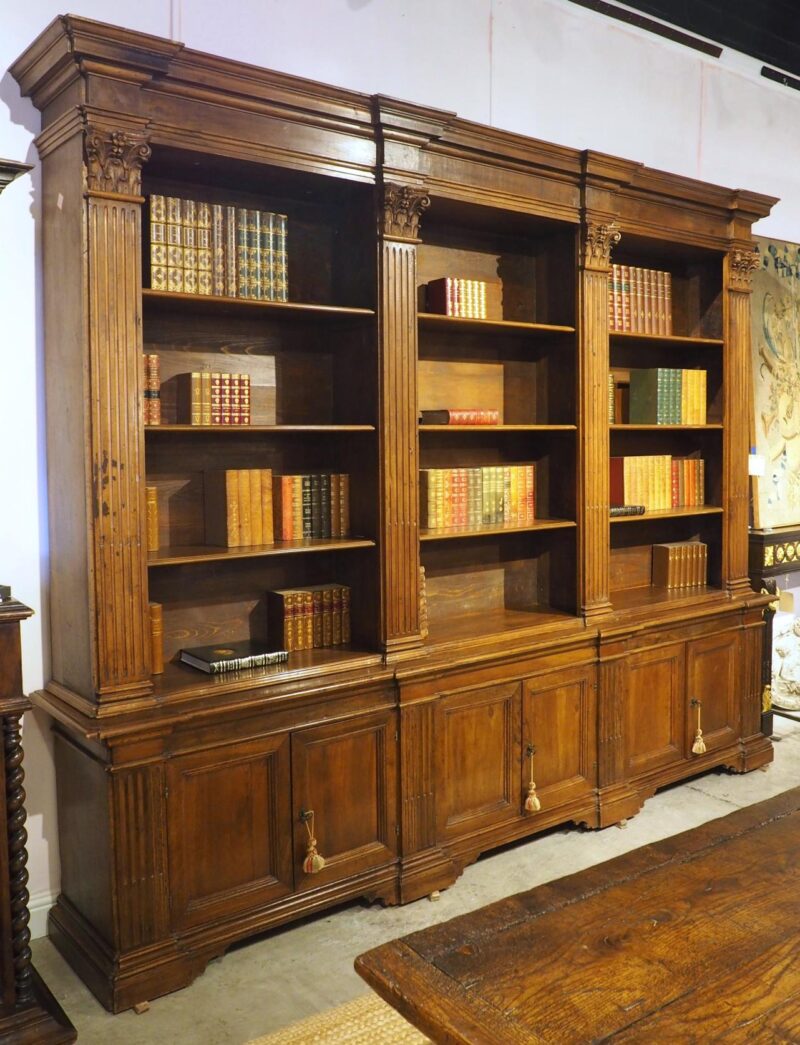 Antique Italian Neoclassical Walnut Wood Triple Bookcase