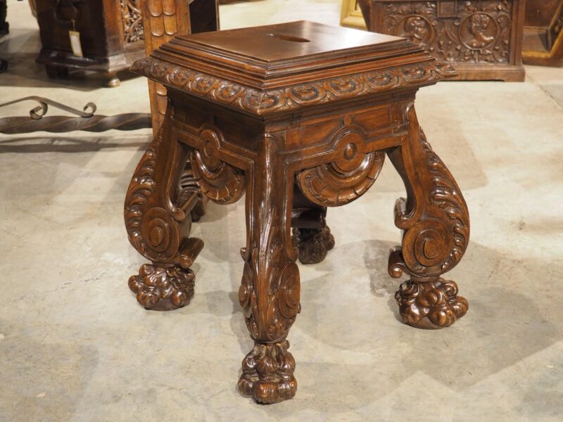 Circa 1880 French Carved Walnut Tabouret or Sellette with Large Lion Paw Feet