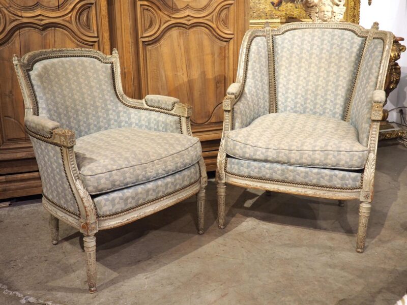 Rare Pair of Period French Louis XVI His and Hers Bergère Armchairs, Circa 1780