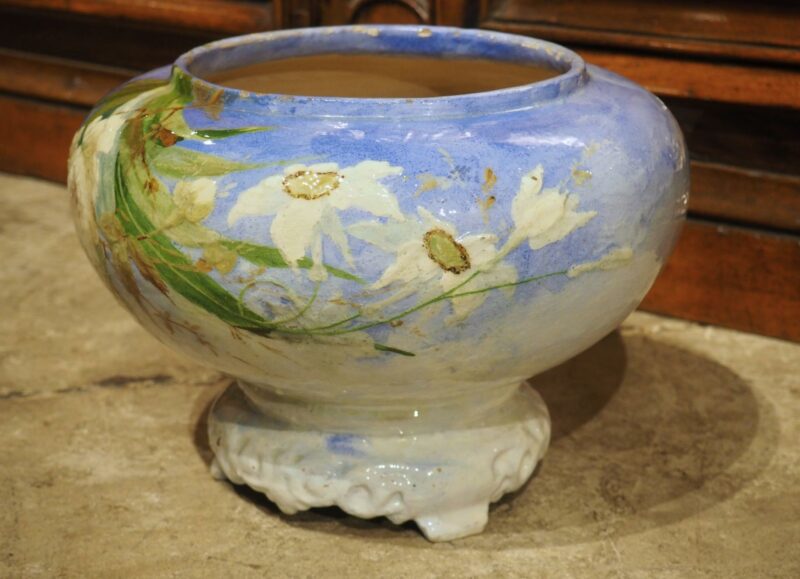 Antique French Blue Ground Barbotine Cachepot in the Style of Montigny, C. 1900 - Image 10