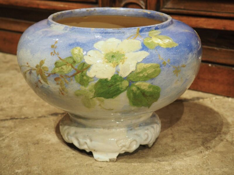 Antique French Blue Ground Barbotine Cachepot in the Style of Montigny, C. 1900 - Image 7