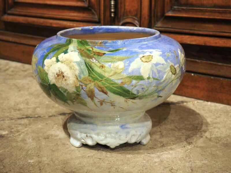 Antique French Blue Ground Barbotine Cachepot in the Style of Montigny, C. 1900