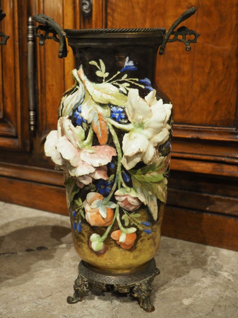 Pair of Antique French Bronze Mounted Gros Relief Barbotine Vases, Circa 1880 - Image 5