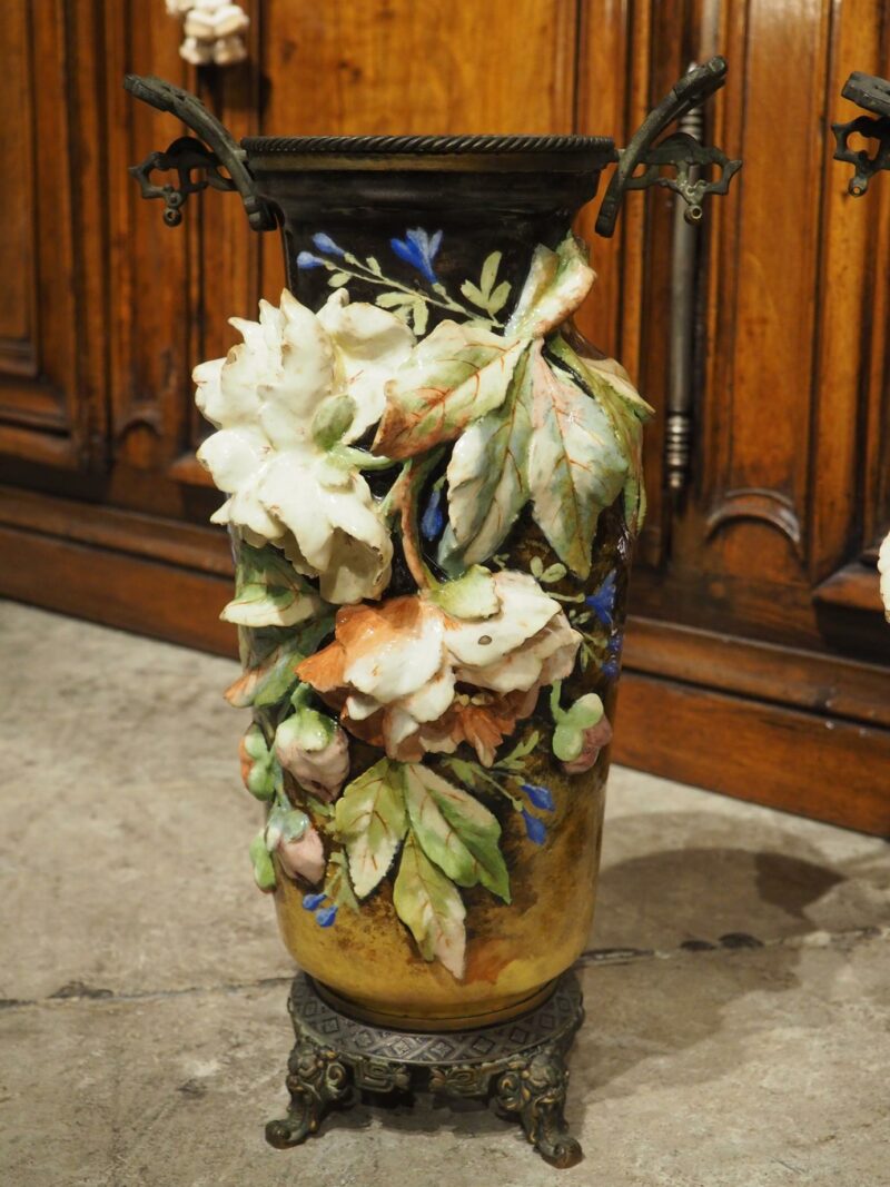 Pair of Antique French Bronze Mounted Gros Relief Barbotine Vases, Circa 1880 - Image 6