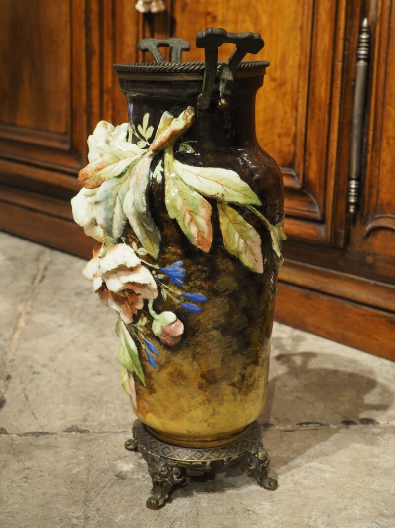 Pair of Antique French Bronze Mounted Gros Relief Barbotine Vases, Circa 1880 - Image 17