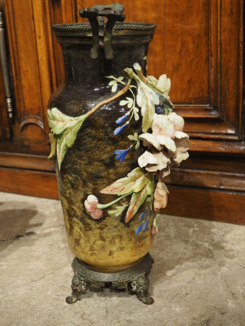 Pair of Antique French Bronze Mounted Gros Relief Barbotine Vases, Circa 1880 - Image 18