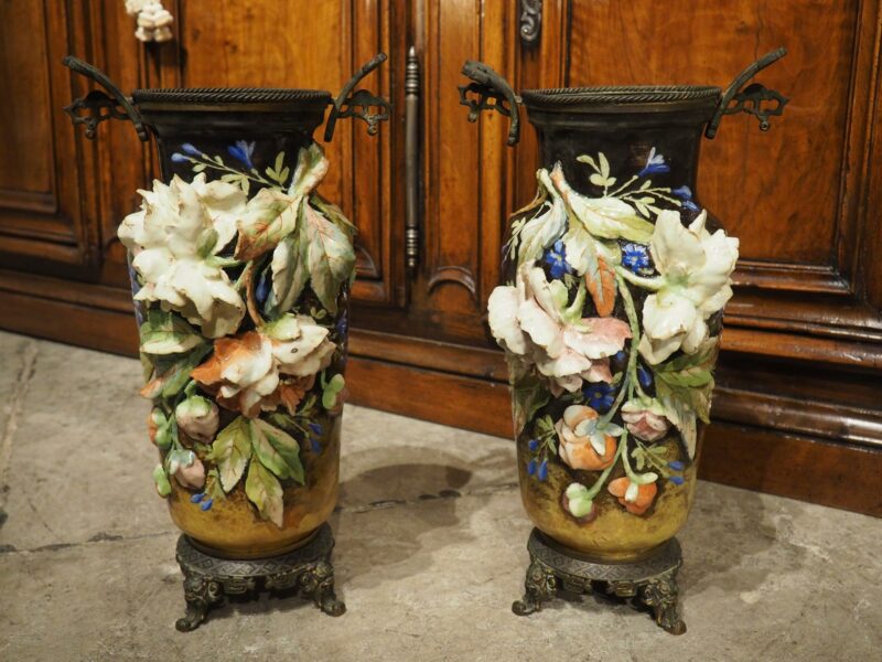 Pair of Antique French Bronze Mounted Gros Relief Barbotine Vases, Circa 1880