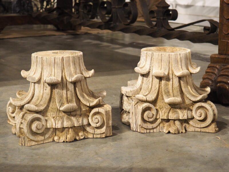 Pair of 18th Century Carved and Weathered Oak Capitals from France - Image 2