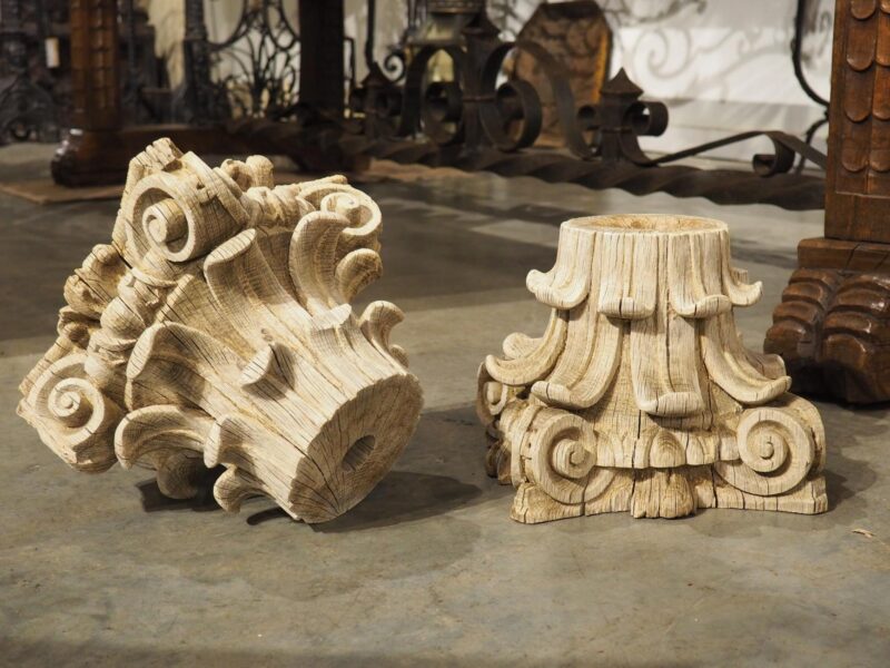 Pair of 18th Century Carved and Weathered Oak Capitals from France