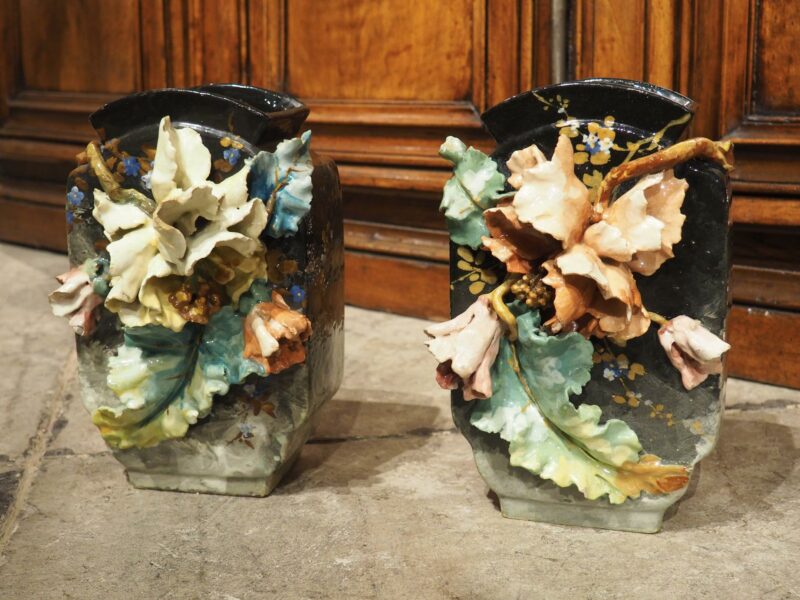 Pair of Antique French Gros Relief Barbotine Vases, Edouard Gilles, Circa 1900