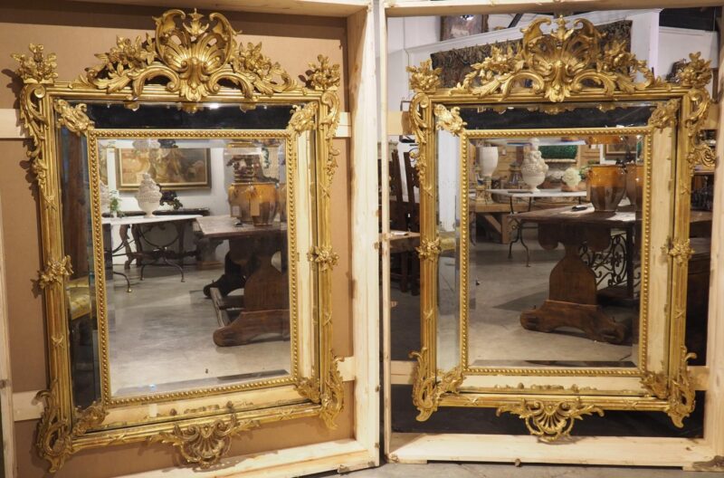 Pair of Large French Napoleon III Gold Leaf and Beveled Mirrors, Circa 1860