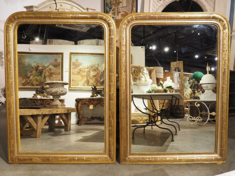 Pair of 19th Century French Gold Louis Philippe Style Mirrors, Silver, Red Bole