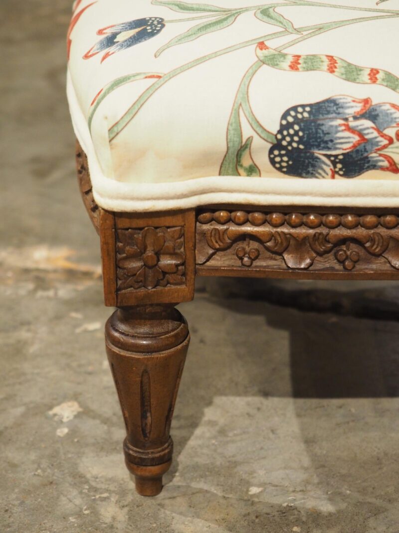 Small French Walnut Pied de Tabouret Foot Stool, Pierre Frey Upholstery, C. 1900 - Image 3