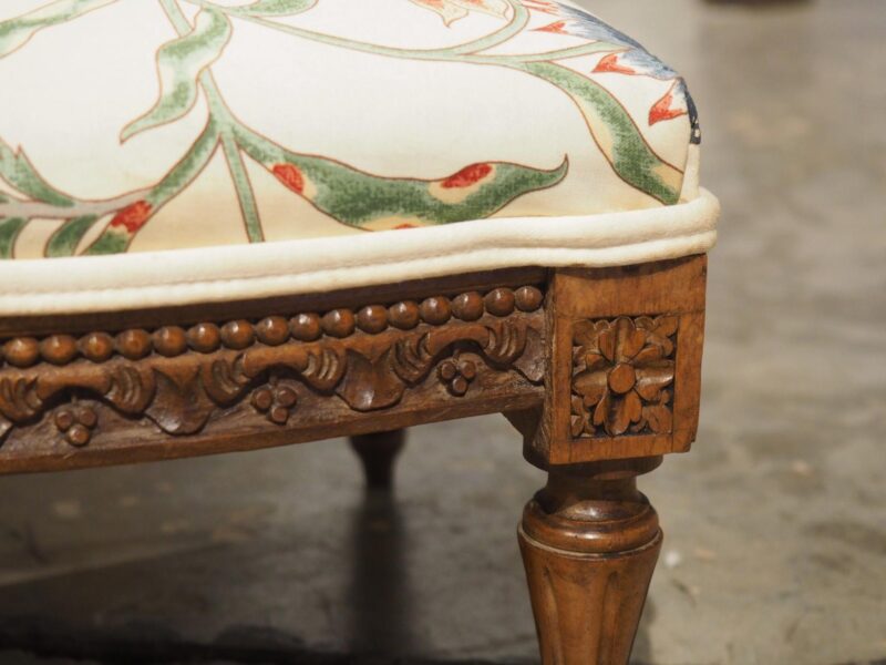 Small French Walnut Pied de Tabouret Foot Stool, Pierre Frey Upholstery, C. 1900 - Image 4