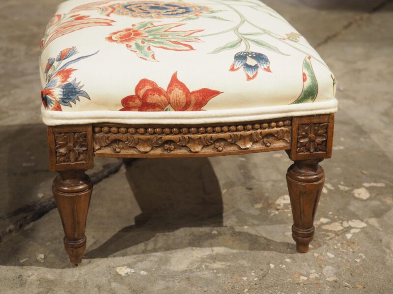 Small French Walnut Pied de Tabouret Foot Stool, Pierre Frey Upholstery, C. 1900 - Image 6