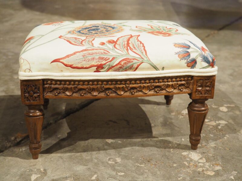 Small French Walnut Pied de Tabouret Foot Stool, Pierre Frey Upholstery, C. 1900 - Image 7