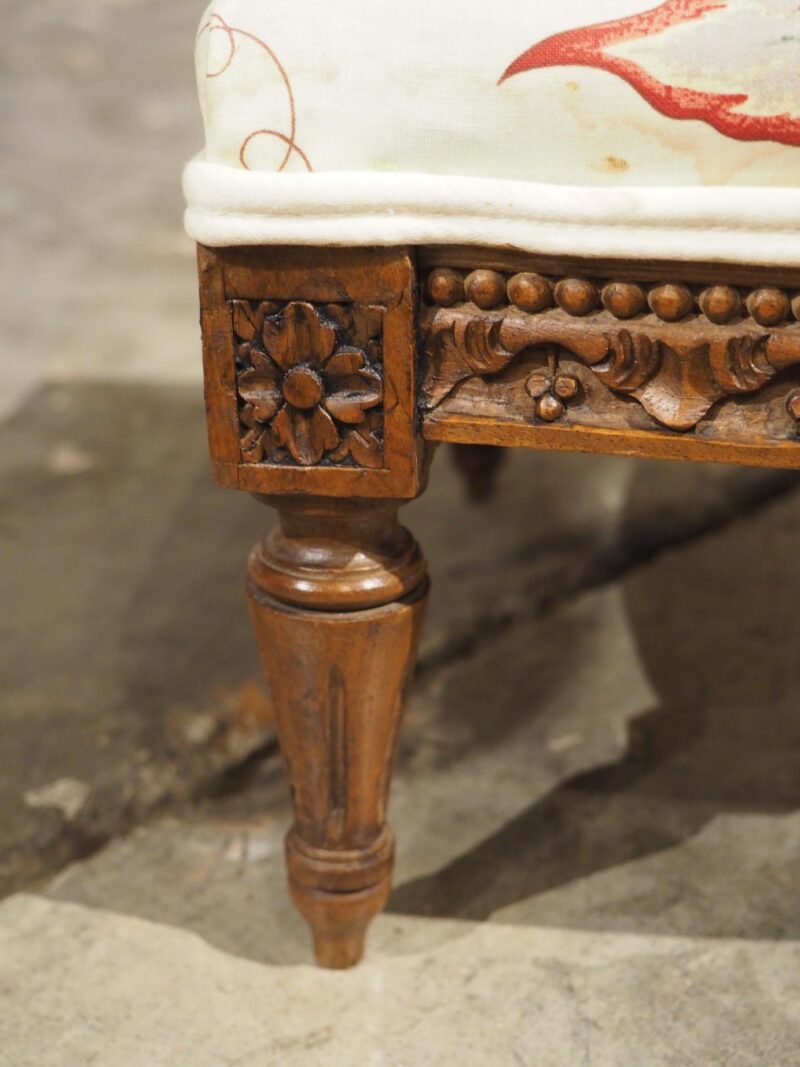 Small French Walnut Pied de Tabouret Foot Stool, Pierre Frey Upholstery, C. 1900 - Image 8