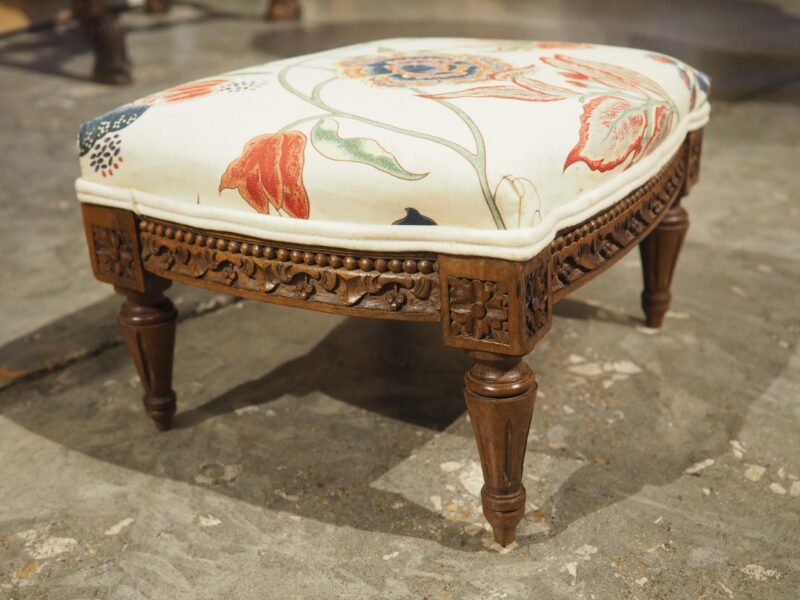 Small French Walnut Pied de Tabouret Foot Stool, Pierre Frey Upholstery, C. 1900 - Image 9