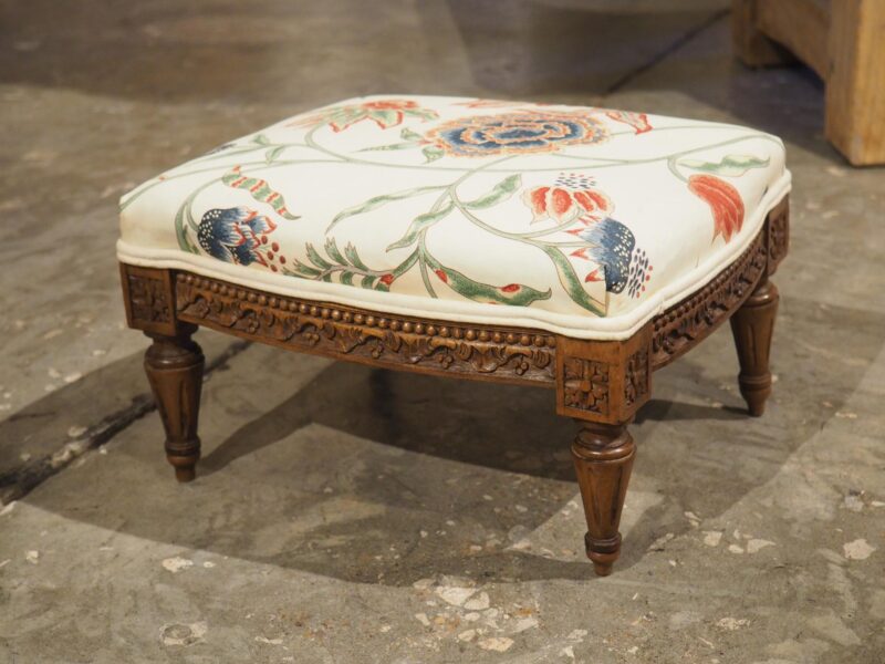 Small French Walnut Pied de Tabouret Foot Stool, Pierre Frey Upholstery, C. 1900 - Image 11