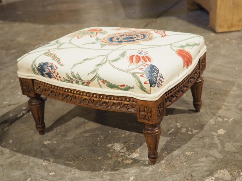 Small French Walnut Pied de Tabouret Foot Stool, Pierre Frey Upholstery, C. 1900 - Image 13