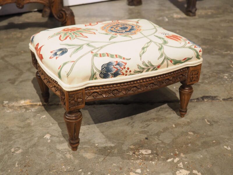 Small French Walnut Pied de Tabouret Foot Stool, Pierre Frey Upholstery, C. 1900 - Image 2