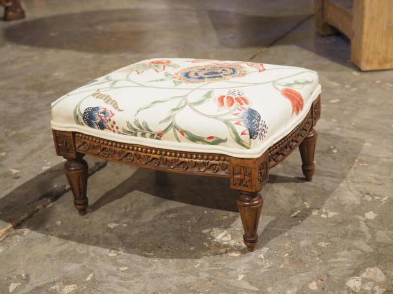 Small French Walnut Pied de Tabouret Foot Stool, Pierre Frey Upholstery, C. 1900