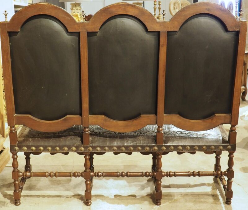 Antique Spanish Walnut and Embossed Leather Bench with Rams’ Heads, 19th Century - Image 2